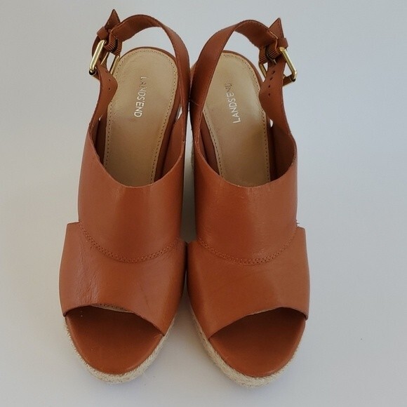 LANDS' END PLATFORM WEDGE SANDALS ESPADRILLES SHOES HONEY BROWN LEATHER SIZE 8 - Picture 3 of 7